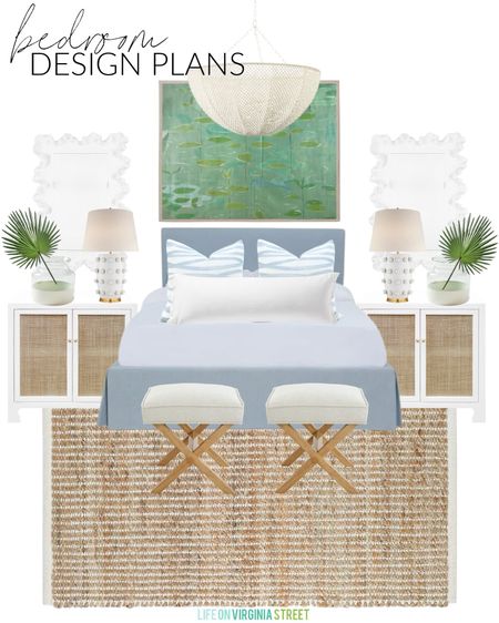 COASTAL BEDROOM DESIGN

Sophisticated coastal bedroom design ideas including a blue upholstered bed, jute rug, rattan nightstands, circle dot lamps (also linking a look for less), linen lumbar pillows, oversized green lily art, x bench stools, a wood bead chandelier, and fan palm decor!
.
#ltkhome #ltksalealert #ltkunder50 #ltkunder100 #ltkseasonal white and blue bedroom, coastal decorating ideas, beachy bedroom ideas, primary bedroom ideas

#LTKSaleAlert #LTKSeasonal #LTKHome