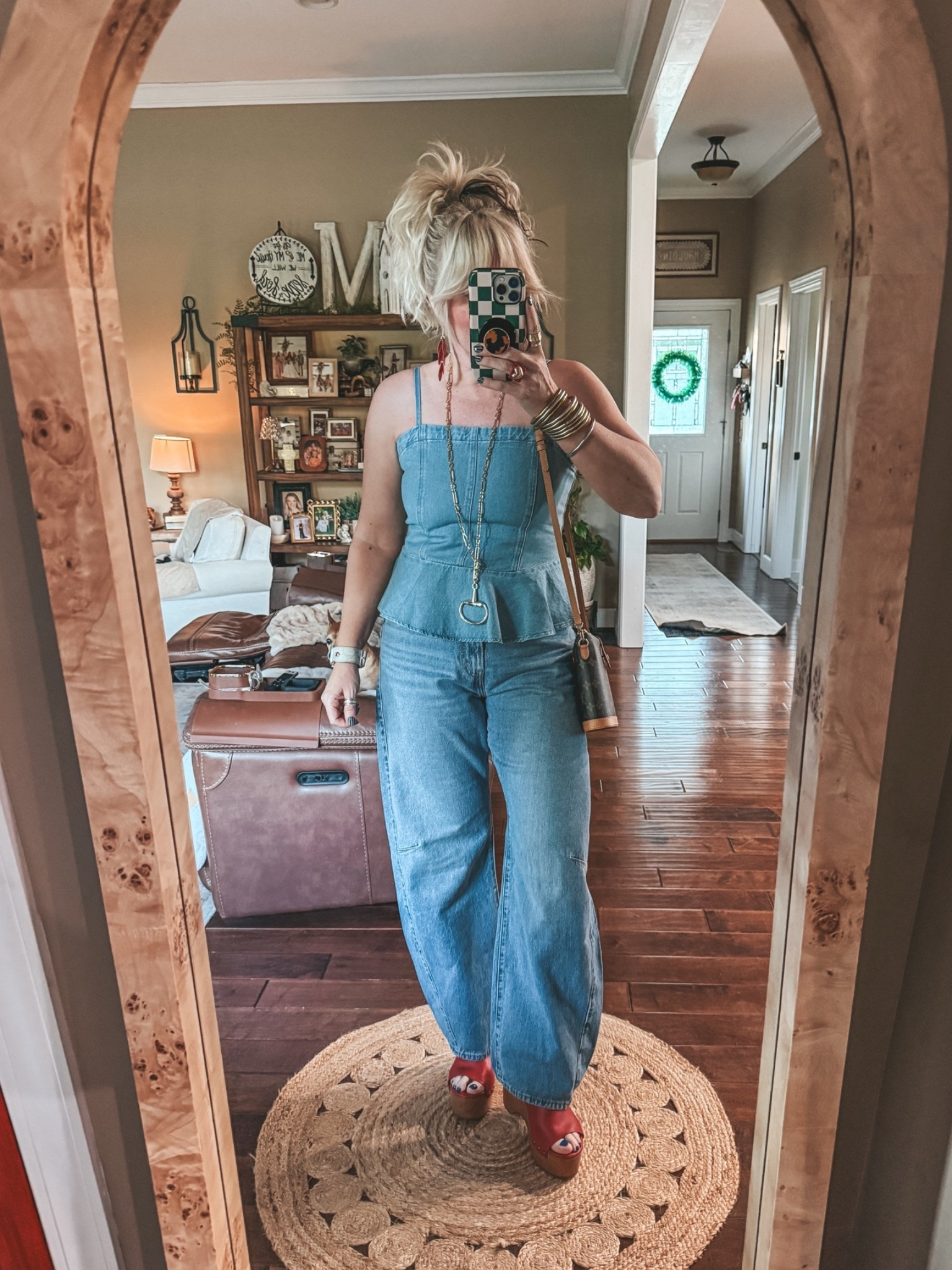 My Graduation Fit ♥️💙
Denim top M
Jeans sized up one 
Sandals true to size 
✨Necklace save w/ code MANDIE