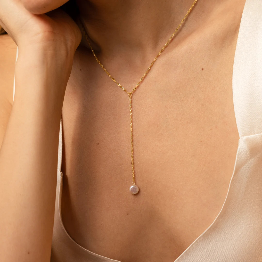 Pearl Lariat Necklace by Caitlyn Minimalist Delicate Layering Y Necklace Dainty Wedding Jewelry B... | Etsy (US)