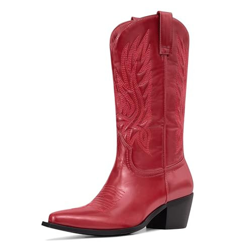 Red Cowboy Boots for Women – Mid Calf Cowgirl Boots Embroidered Chunky Heels Pointed Toe Pull On, Perfect for Partys, Country Music Festivals, Concerts, and More Size 9.5 | Amazon (US)