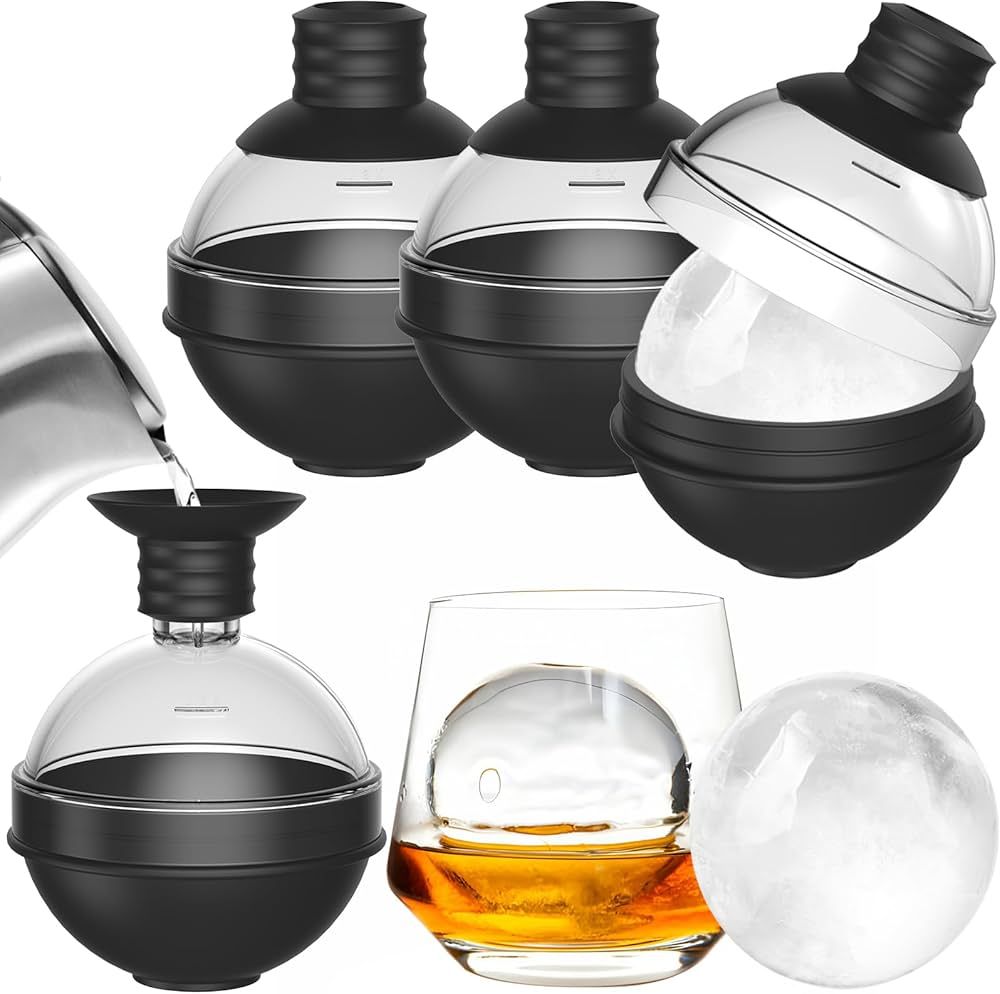 Large Round Ice Ball Maker Mold Silicone for Whiskey - Set of 4 with 2-in-1 Funnel Lid - 2.4 Inch... | Amazon (US)