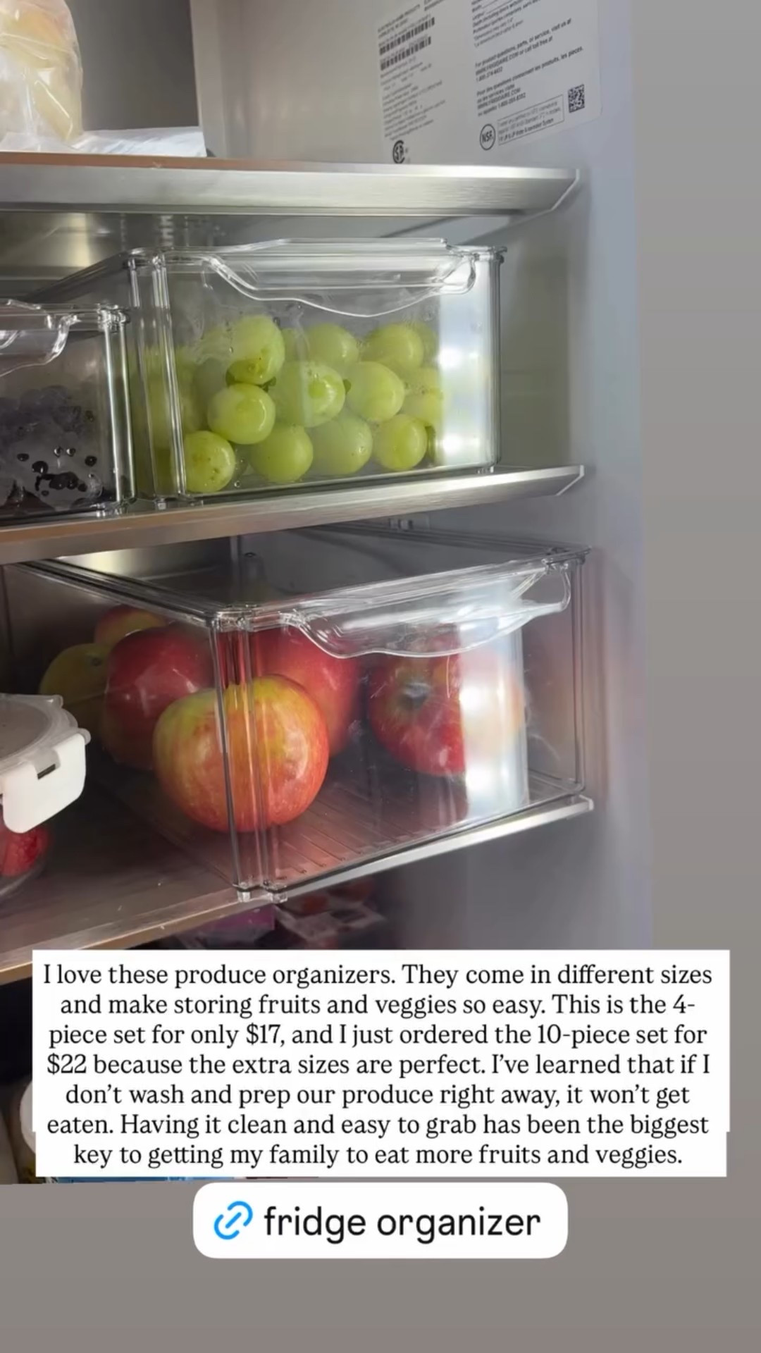 I love these produce organizers. They come in different sizes and make storing fruits and veggies so easy. This is the 4-piece set for only $17, and I just ordered the 10-piece set for $22 because the extra sizes are perfect. I’ve learned that if I don’t wash and prep our produce right away, it won’t get eaten. Having it clean and easy to grab has been the biggest key to getting my family to eat more fruits and veggies.
