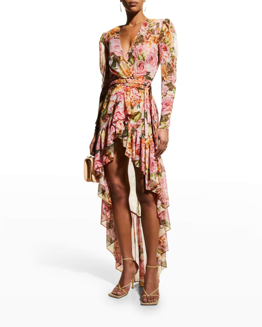 Rosa Floral High-Low Wrap Dress | Neiman Marcus