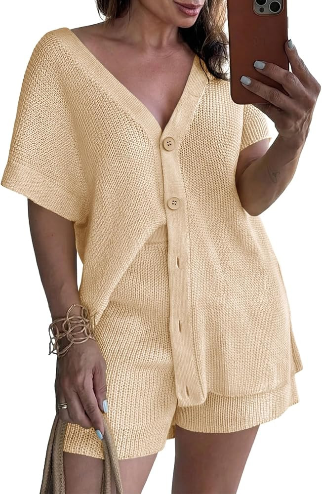 Saodimallsu Womens 2 Piece Outfits Sweater Sets Summer Oversized Cap Sleeve Button Up Cardigans T... | Amazon (US)