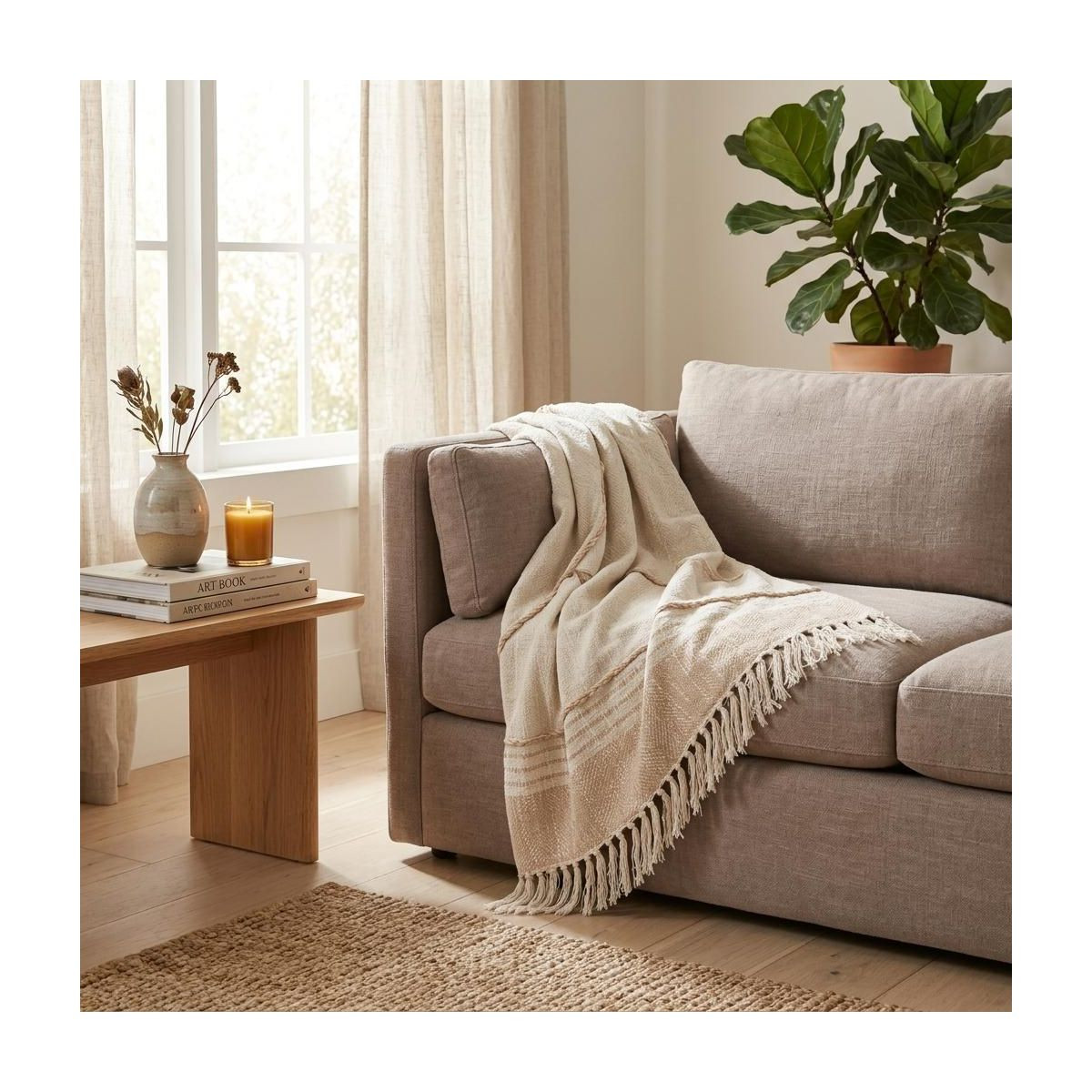 HomeRoots 60" X 50" Beige Woven Cotton Striped Throw Blanket with Fringe | Target