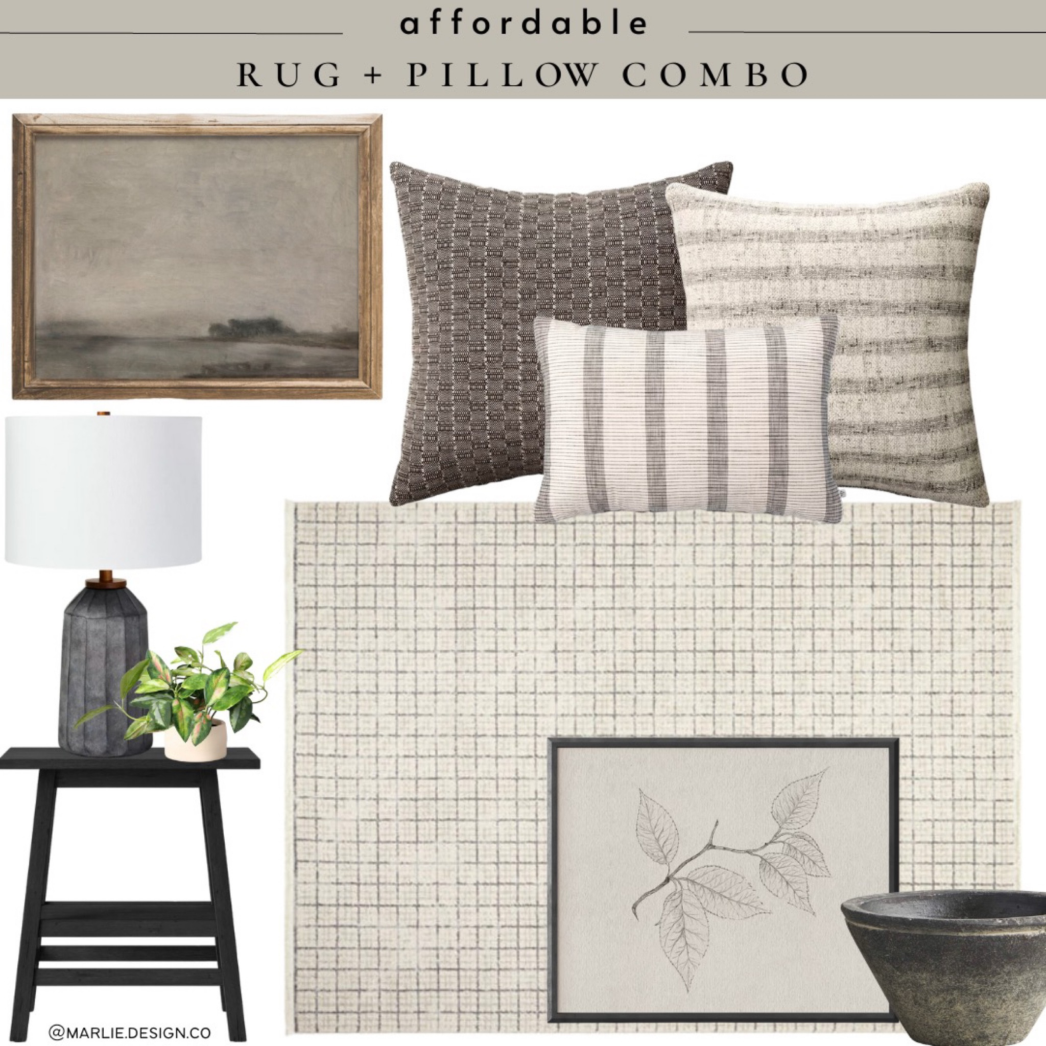 Affordable rug and pillow combo | living room rug | bedroom rug | plaid rug | living room pillows | bedroom pillows | neutral rug | affordable rug | living room decor | end table | side table | landscape art | abstract art | sketch | distressed bowl | rug | throw pillows | walmart | Etsy | Target | Amazon home decor | table lamp | affordable lamp 

#LTKunder50 #LTKhome #LTKunder100