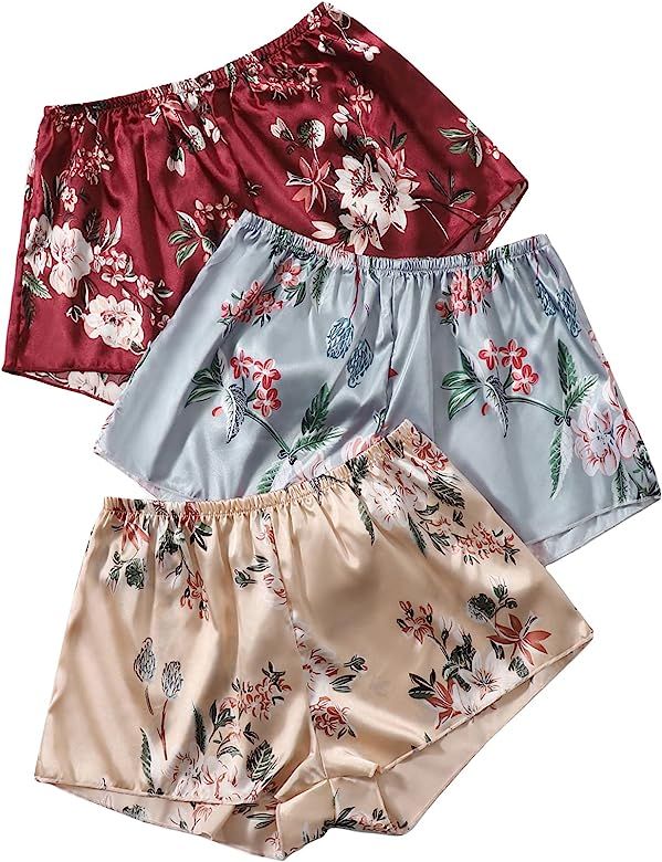 OYOANGLE Women's 3 Pieces Floral Print Satin Sleep Pajama Shorts Loungewear Shorts | Amazon (US)