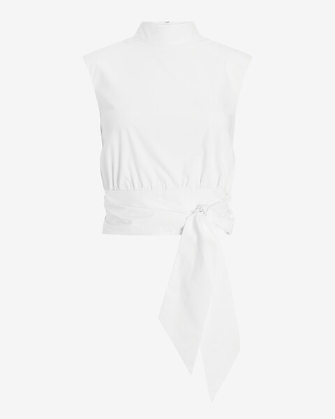 Cropped Tie Front Padded Shoulder Mock Neck Tank | Express