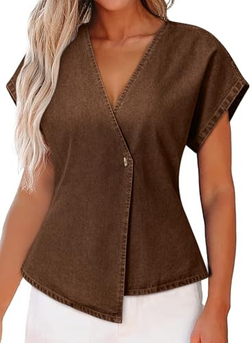 EVALESS Womens Denim Shirts Short Sleeve Button Down Shirts Spring Summer Tops V Neck Work Blouse... | Amazon (US)