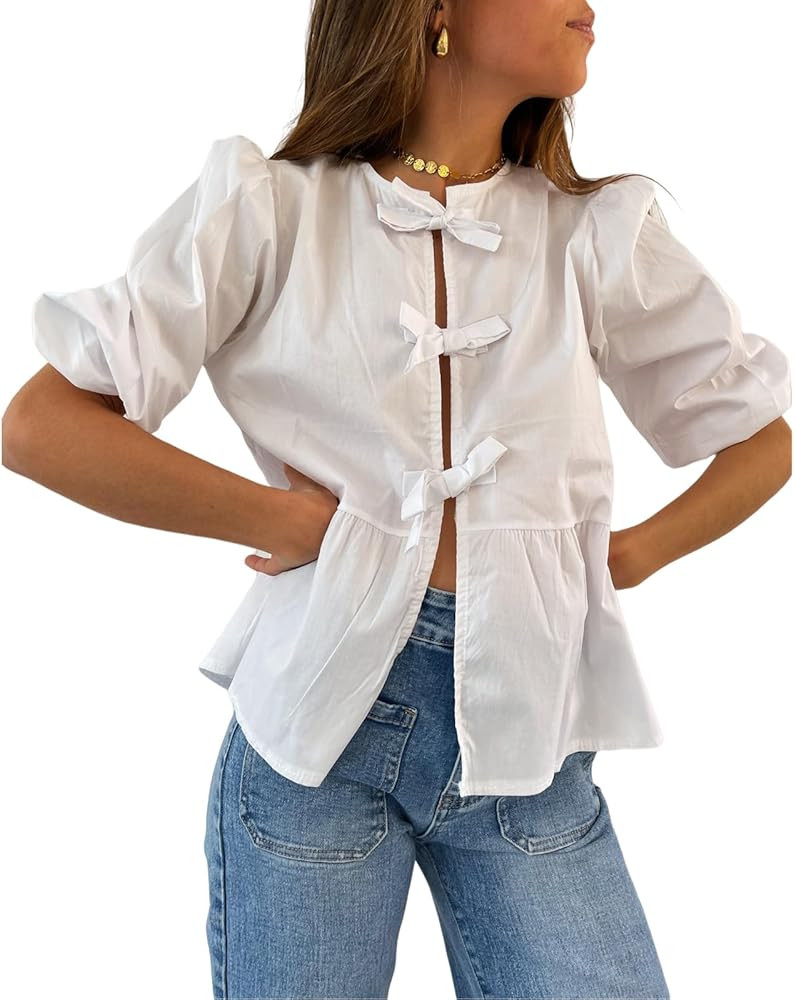 Women Y2K Puff Short Sleeve Peplum Shirts Tie Front Ruffle Hem Babydoll Blouse Tops Teen Girls La... | Amazon (US)