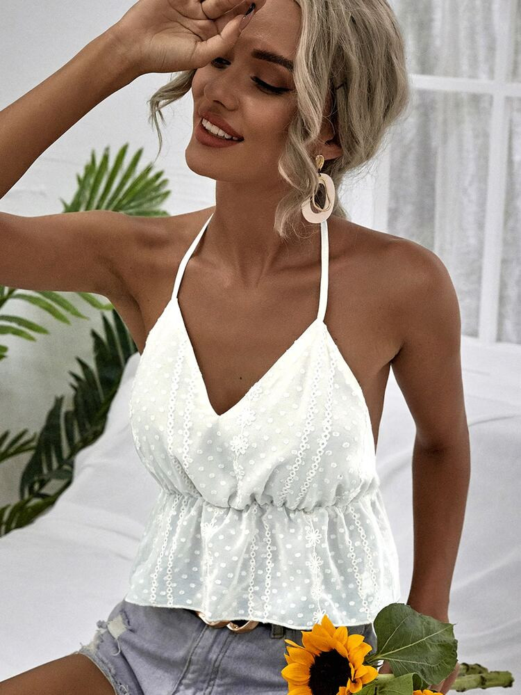 Backless Ruffle Hem Crop Halter Top | SHEIN