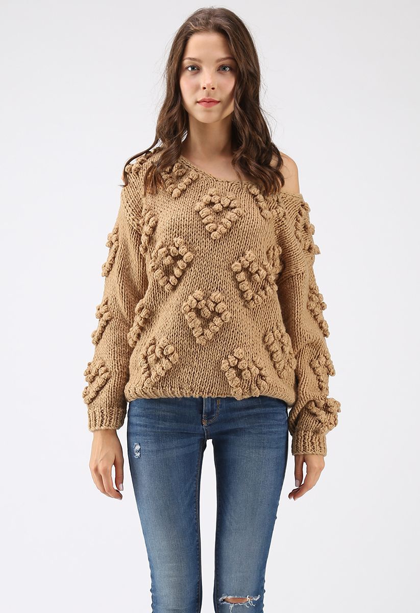 Knit Your Love V-Neck Sweater in Tan | Chicwish