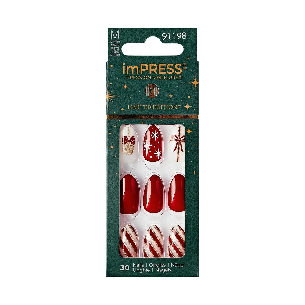 imPRESS Holiday Press-On Nails,White Night, Red, Medium Length, Almond Shape, 30 Ct. | Walmart (US)