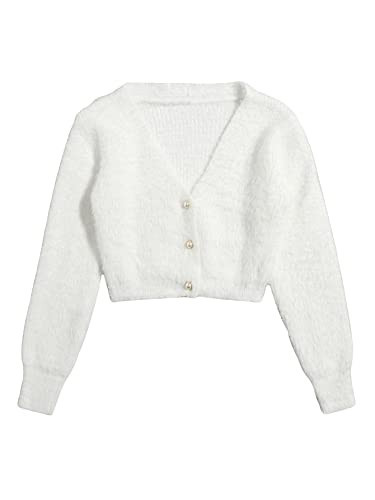 GORGLITTER Women's Chunky Fuzzy Crop Sweater Cardigan Pearl Button Down Long Sleeve Open Front Shrug Knit Cardigan 2025 White Small | Amazon (US)