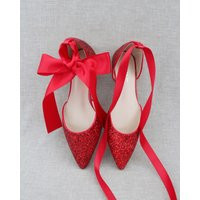 Red Rock Glitter Pointy Toe Flats With Satin Ankle Tie Or Ballerina Lace Up, Fall Wedding Shoes, Bridesmaids Holiday Shoes | Etsy (US)