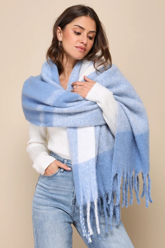 Sparrow Blue Plaid Fringe Oversized Scarf | Lulus (US)