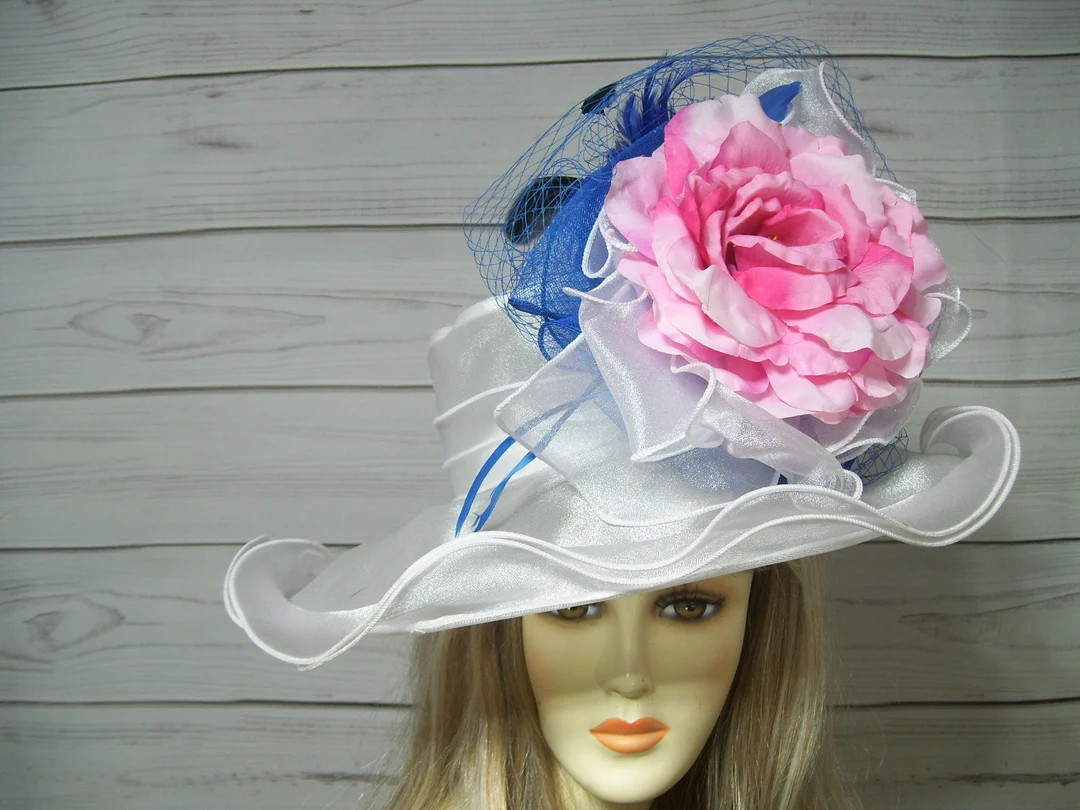 White Blue Pink Hat Kentucky Derby Hat Bridal Hat, White Easter Hat, Church Hat, Mother's Day Hat... | Etsy (US)
