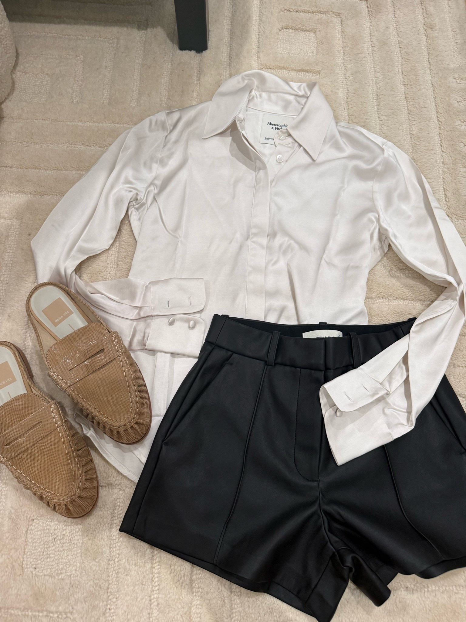 Loving this fall transitional outfit satin button down shirt and faux leather shorts smallest size with trending loafers