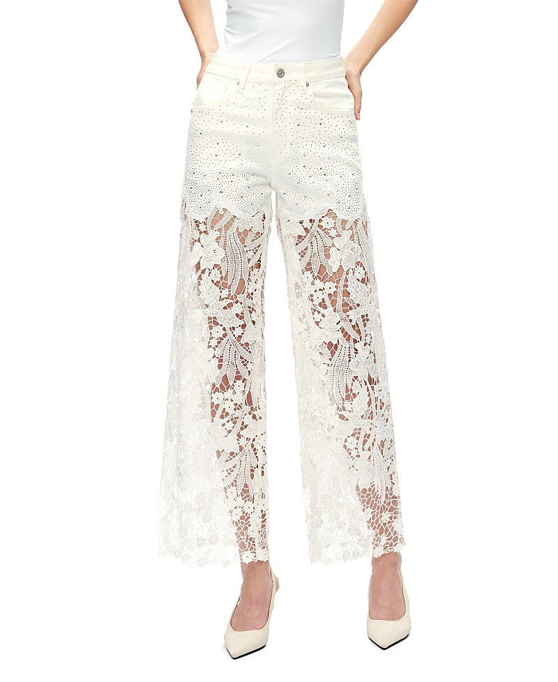 Bayeas Embroidery Wide Leg Lace Jeans with Rhinestone in White Wash | Bloomingdale's (US)