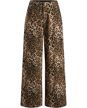 CIDER Denim Mid Waist Leopard Wide Leg Pants | Amazon (US)