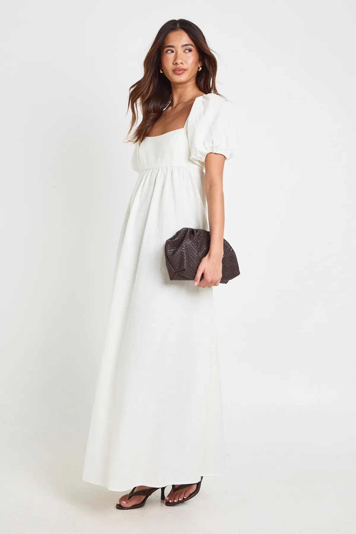 Natural Linen Puff Sleeve Shirred Maxi Dress | Boohoo | Boohoo.com (UK & IE)
