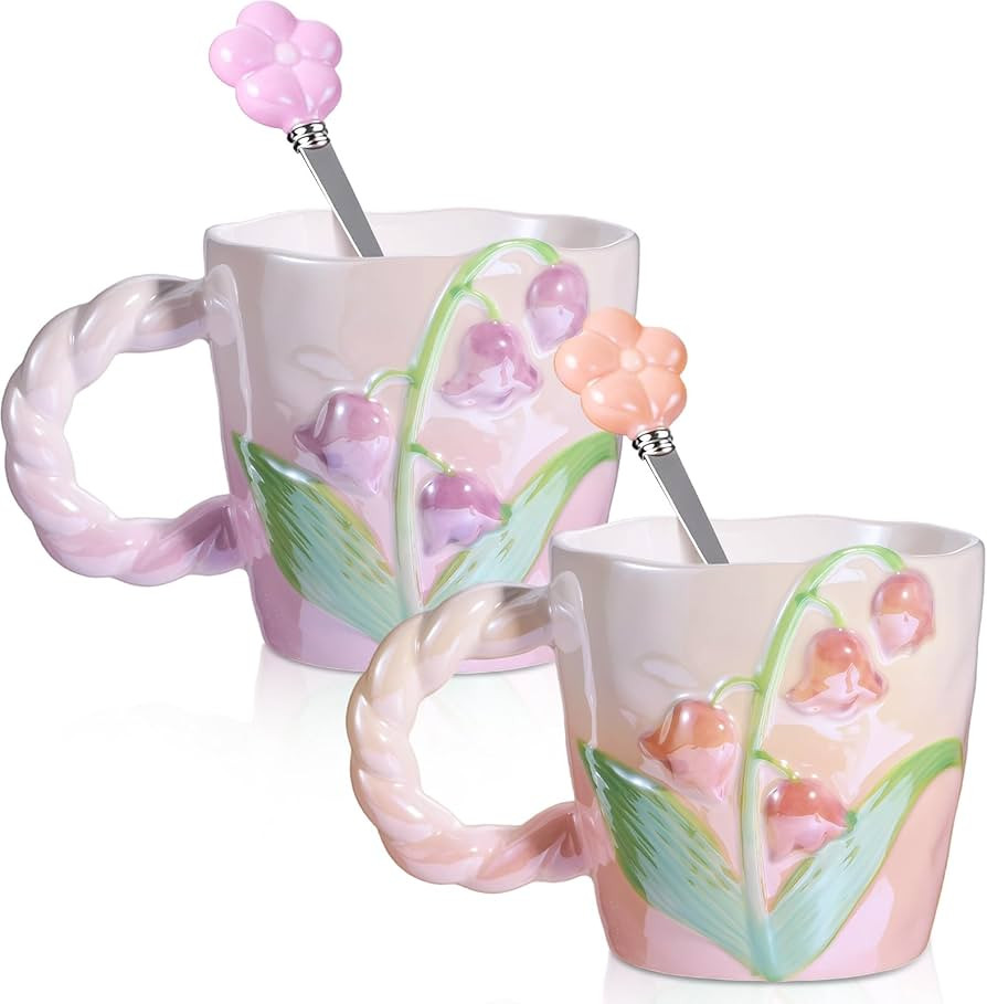 Yoiemivy 2 Pack Cute Coffee Mugs 3D Flower Ceramic Mugs 13 oz Aesthetic Floral Cups Christmas Bir... | Amazon (US)
