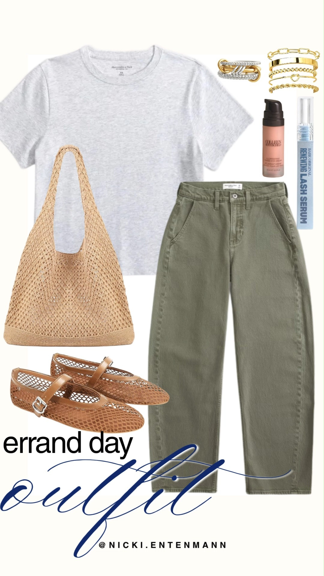 Tackle your to-do list in style with this effortless errand day outfit. This casual look pairs a classic heather grey t-shirt with comfortable, wide-leg olive green trousers. Complete the ensemble with a textured knit tote bag, matching brown mesh Mary Jane flats, gold stackable bracelets, and your favorite beauty essentials.

#errandday #casualoutfit #everydaylook #streetstyle #abercrombie #meshflats #summerstyle #casualchic #ootd #momstyle 

 #LTKootd #LTKmomlife #LTKSaleAlert