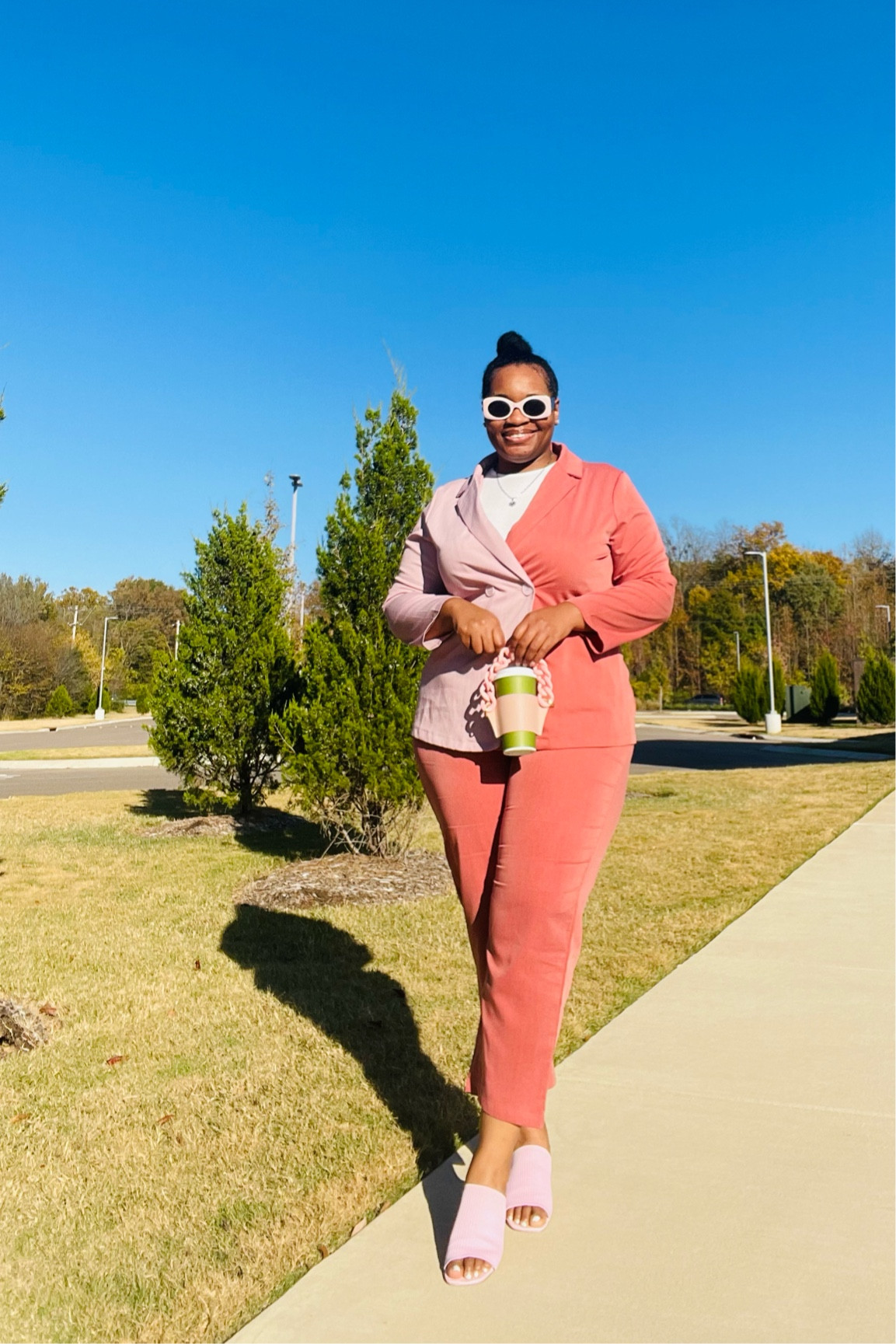 #ltkunder50 #ltkcyberweek #workoutfit #blazer #womanssuits

I love a monochromatic look and this suit is perfect in pulling it off! I paired my knit low block heeled sandals with it, as well as some pink framed sunnies and my super cute coffee cup holder! 

#LTKSeasonal #LTKcurves #LTKworkwear