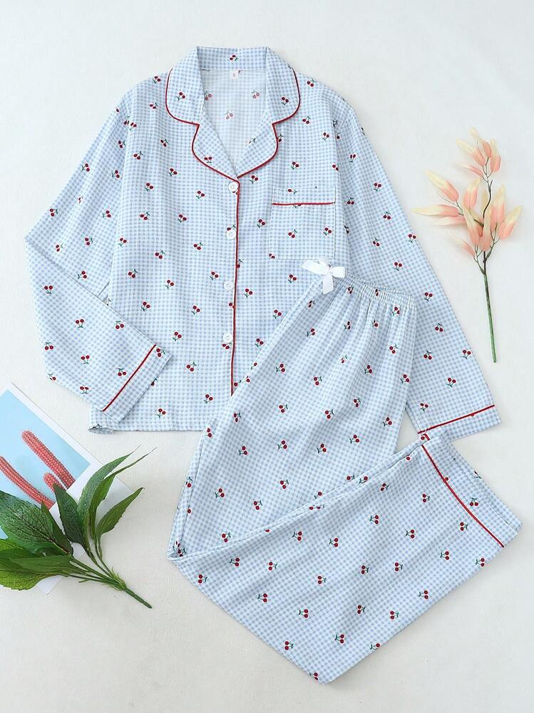 2pcs Women Autumn/Winter Contrast Color Heart Print Lapel Button Long Sleeve Top And Bow Long Pants Pajamas Homewear Set, Suitable For Home Use, Two Pieces Set, Fall Clothes | SHEIN