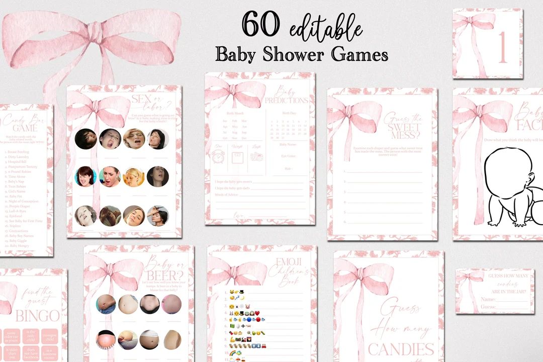 EDITABLE Pink Chinoiserie Games Baby Shower Games Bundle, Minimalist Baby Shower Pink Watercolor ... | Etsy (US)