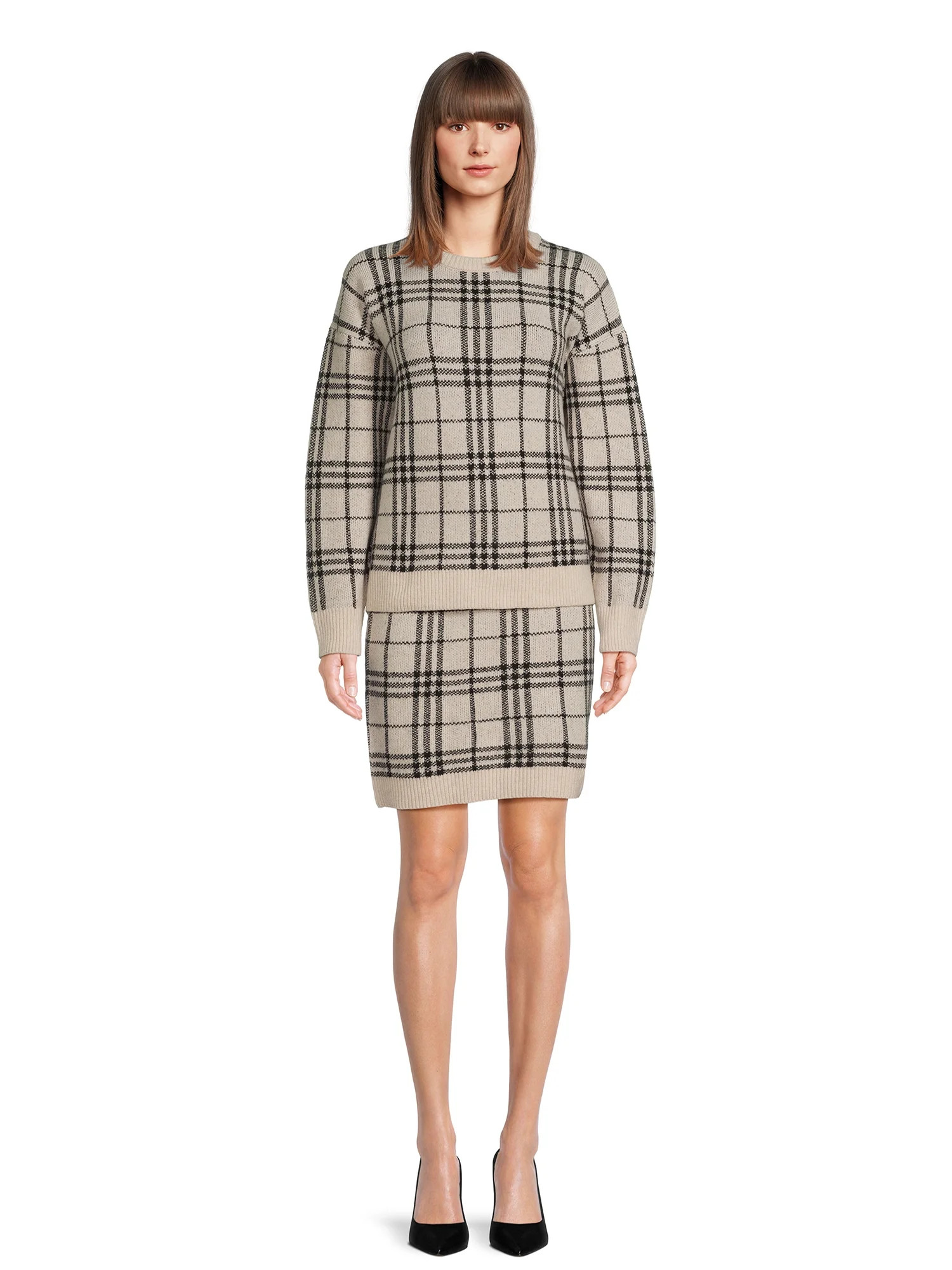 Time and Tru Women's 2 Piece Plaid Sweater Skirt Set | Walmart (US)
