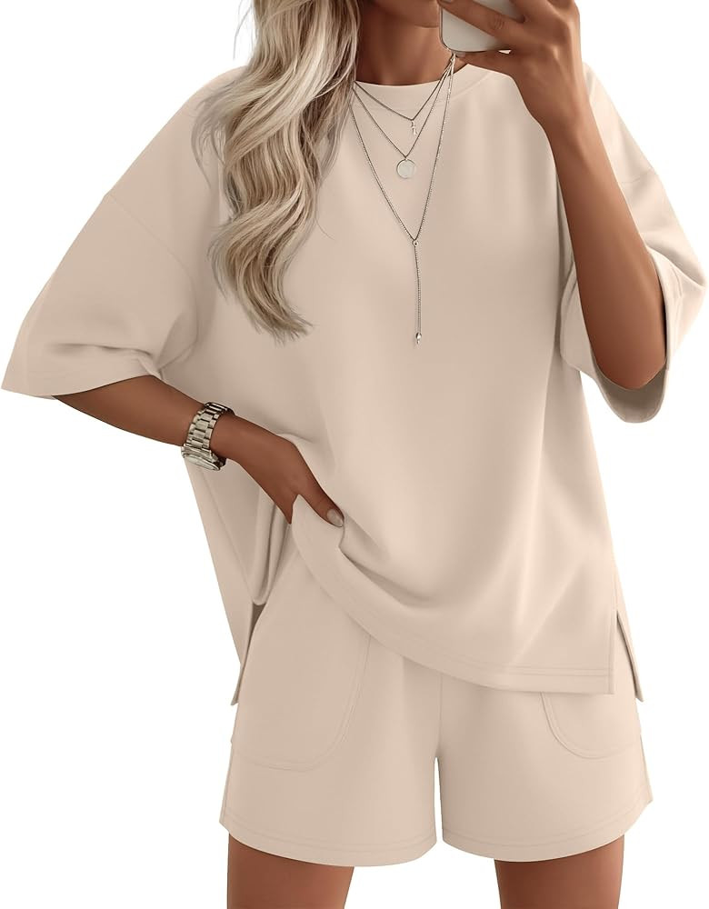 Women's 2 Piece Summer Sets Oversized Short Sleeve Shirts and Elastic Waist Shorts Casual Workout... | Amazon (US)