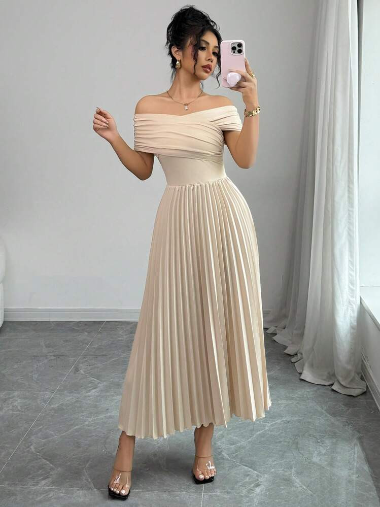Elenzga Off Shoulder Pleated Waist Women's Elegant Dress | SHEIN