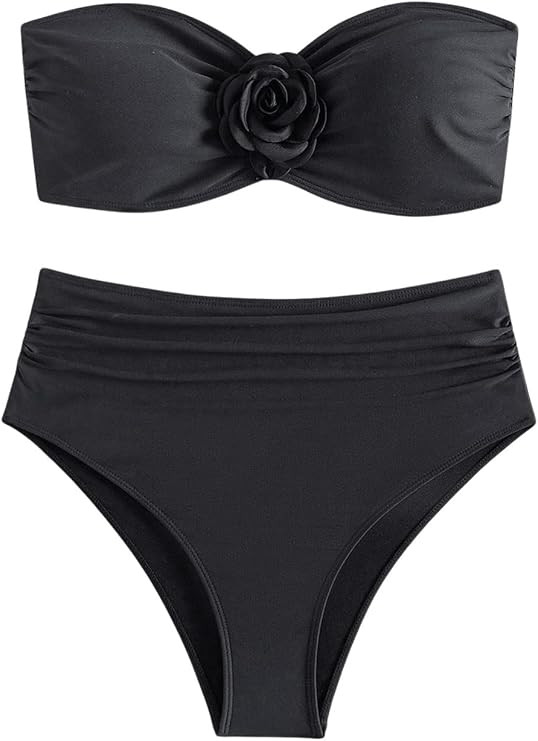 OYOANGLE Women's 3D Flower Ruched Strapless Bandeau Swimsuit Two Piece Mid Rise Bathing Suits | Amazon (US)