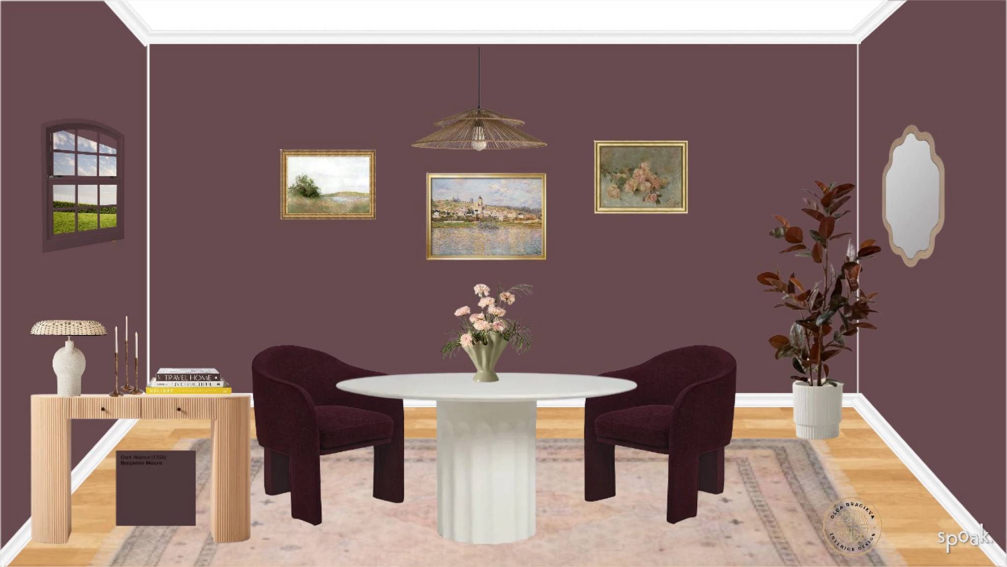 Gorgeous and classy dining room design/moodboard! I love this color—Dark walnut from Benjamin Moore! It gives such a cosy and glamorous vibe! Beautiful dining chairs from Lulu & Georgia, white round dining table, curvy mirror, rattan pendant, affordable landscape wall art, console from West Elm and an organic shape table lamp. Vintage style neutral rug with pink undertones. 