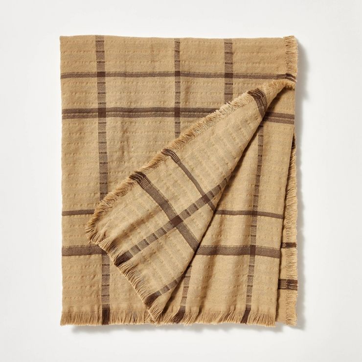 Plaid Gauze Throw Blanket with Frayed Edges Brown - Threshold™ designed with Studio McGee | Target