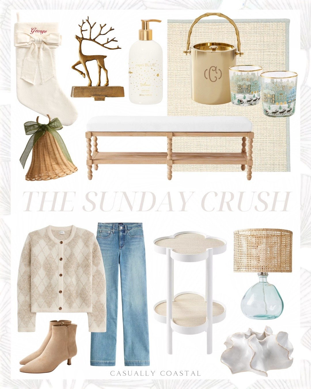 The Sunday Crush!

Coastal home, coastal style, coastal rug, Serena & lily rug, neutral rug, martini table,  coastal bench, bench pad, capri blue moisturizing hand soap, organic shaped planter, woven table lamp, coastal table lamp, velvet bow stockings, brass sculpted reindeer stocking holders, Christmas home decor, coastal Christmas decor, holiday village glasses, Christmas glasses, gold bamboo ice bucket, rattan bell ornament, wide leg jeans, argyle cardigan sweater, pointy toe boots, neutral boots, cotton herringbone blazer, bench cushion 

#LTKHome #LTKFindsUnder50 #LTKFindsUnder100
