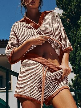 Tankaneo Womens Sweater Set 2 Piece Outfits Oversized 3/4 Sleeve V Neck Knit Tops High Waisted Sh... | Amazon (US)