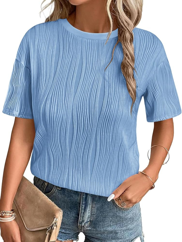 Zeagoo Womens Short Sleeve Textured Tops Crewneck Oversized Solid Color Loose Shirts Casual Basic... | Amazon (US)