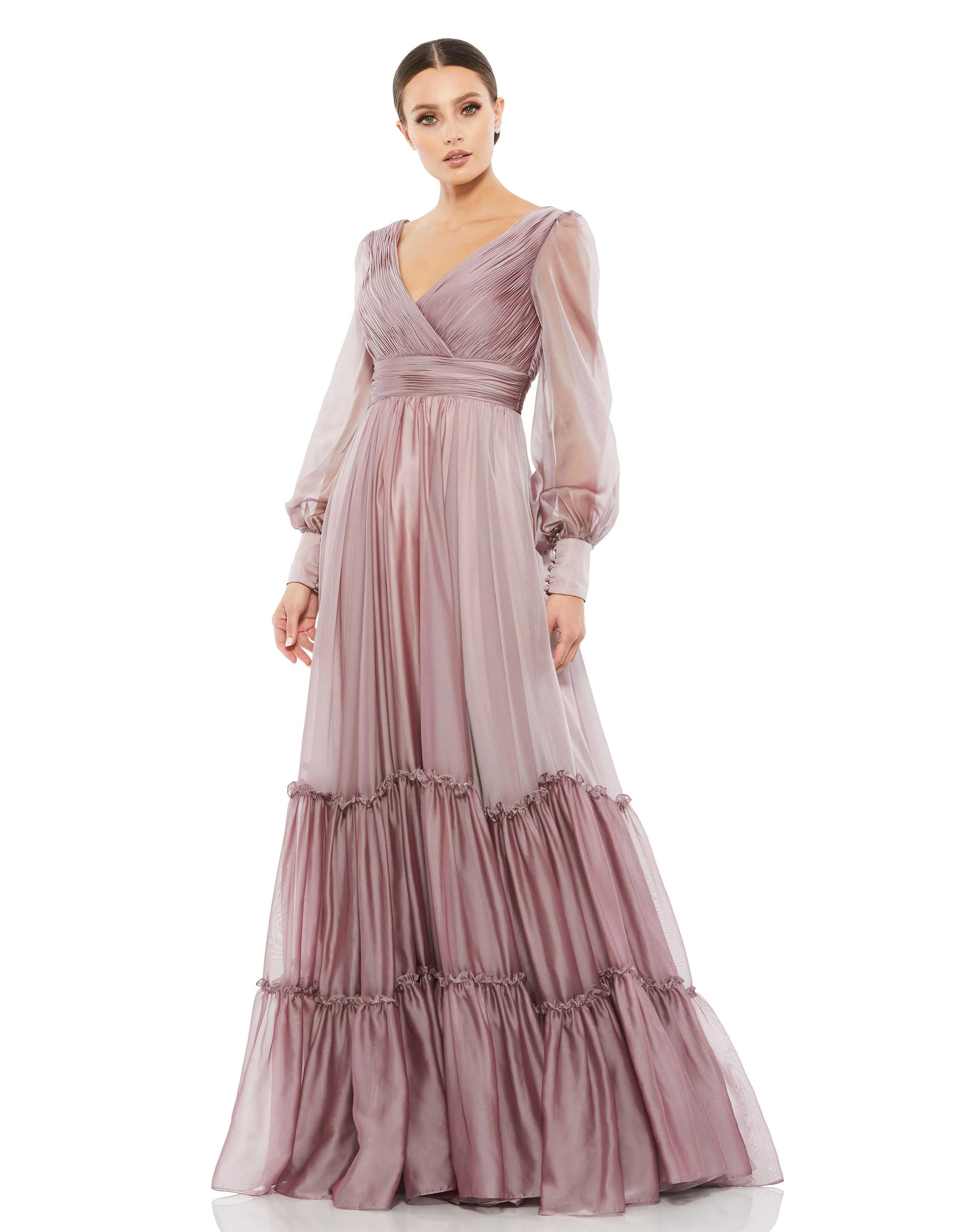 Faux Wrap Illusion Bishop Sleeve Tiered Gown | Mac Duggal