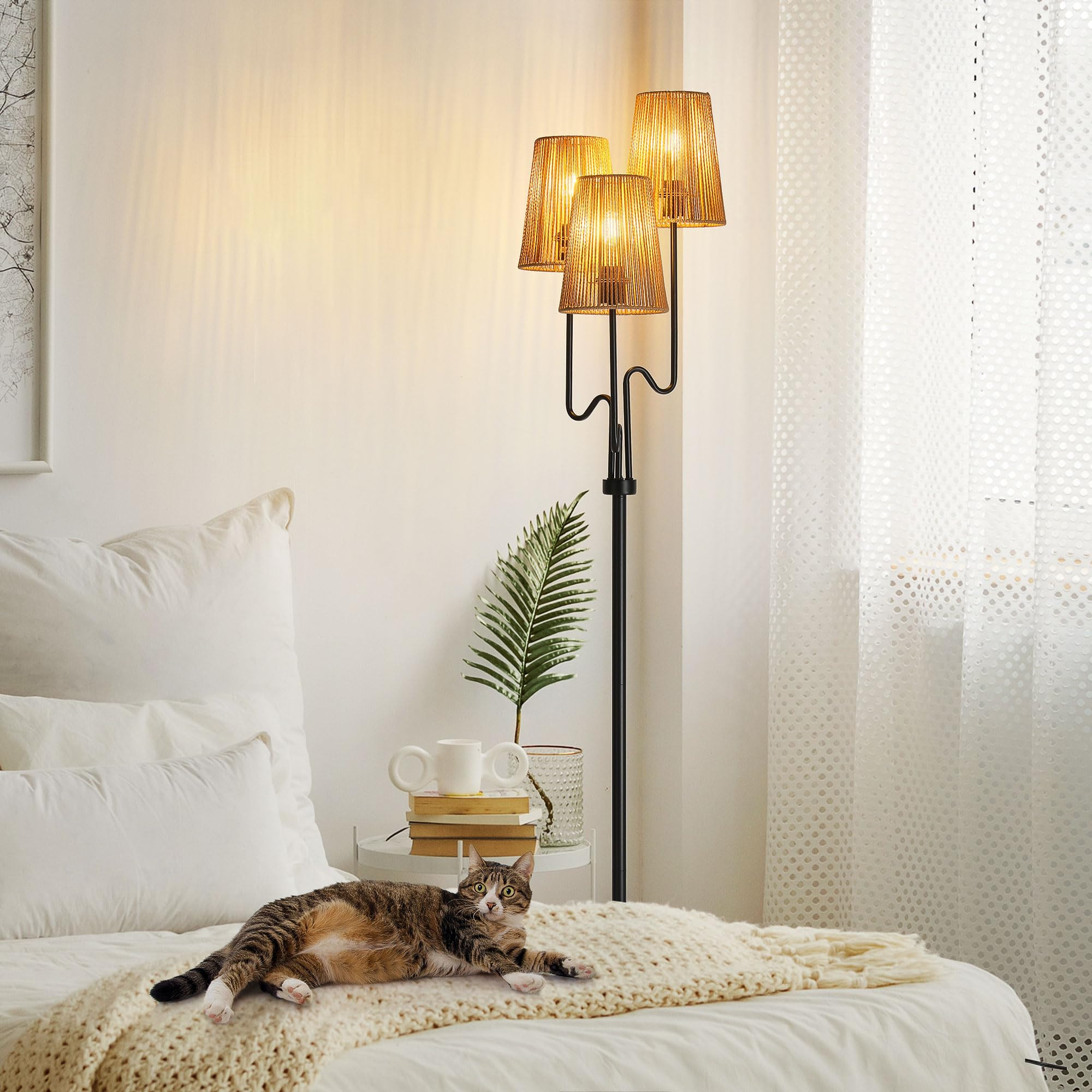 Boho Floor Lamp, 68in. Rattan Floor Lamp with Rattan Shade,3 Light Tree Standing Lamp for Bedroom,Nursery,E26 Socket, Living Room Floor Lamp for Rustic,Coastal, Beach or Bohemian Decor (Black) | Amazon (US)
