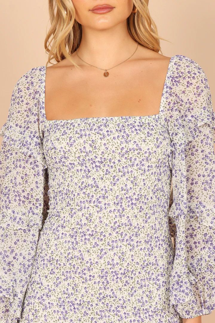 Bonita Shirred Frill Long Sleeve Bodycon Midi Dress - Blue Floral | Petal & Pup (US)