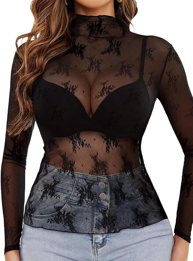 Mesh Long Sleeve Top for Women, Lace Sheer Tops See Through Mock Neck Floral Embroidery Sheer Bod... | Amazon (US)