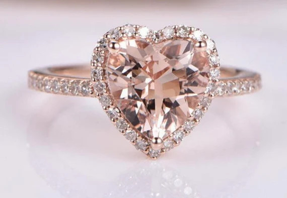 Heart shaped Morganite Engagement Ring. Rose Gold. Half Eternity Diamond. Halo. Anniversary Ring.... | Etsy (US)