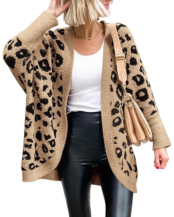 BTFBM Women Fashion Leopard Print Long Sleeve Sweater Cardigan Loose Knit Open Front Fall Winter ... | Amazon (US)