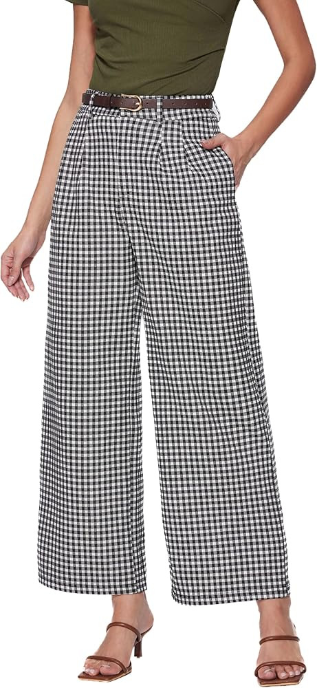 Vinova Womens Wide Straight Leg Pants Summer Plaid Pleated High Waisted Casual Work Pants | Amazon (US)