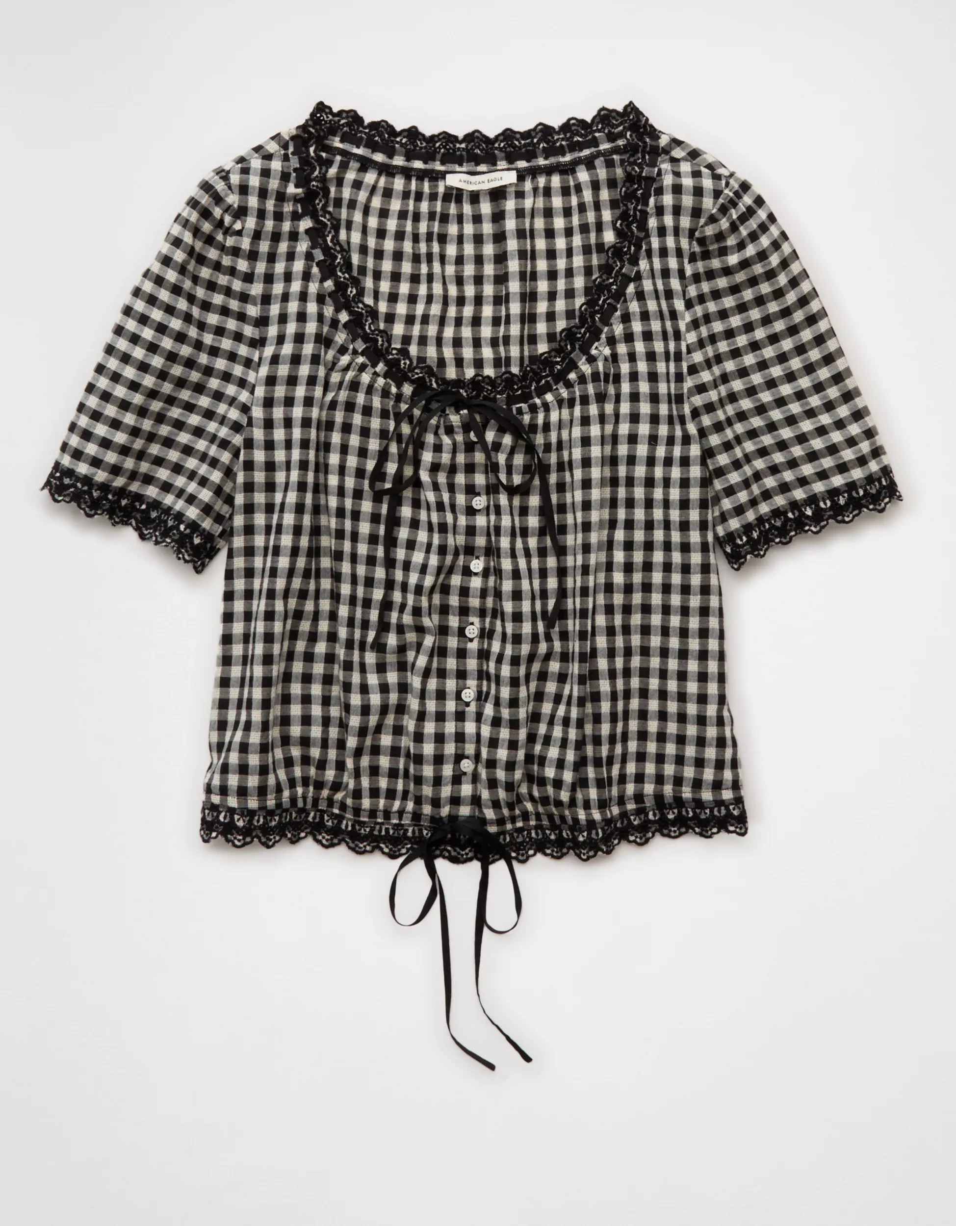 AE Short-Sleeve Gingham Button-Up Blouse | American Eagle Outfitters (US & CA)
