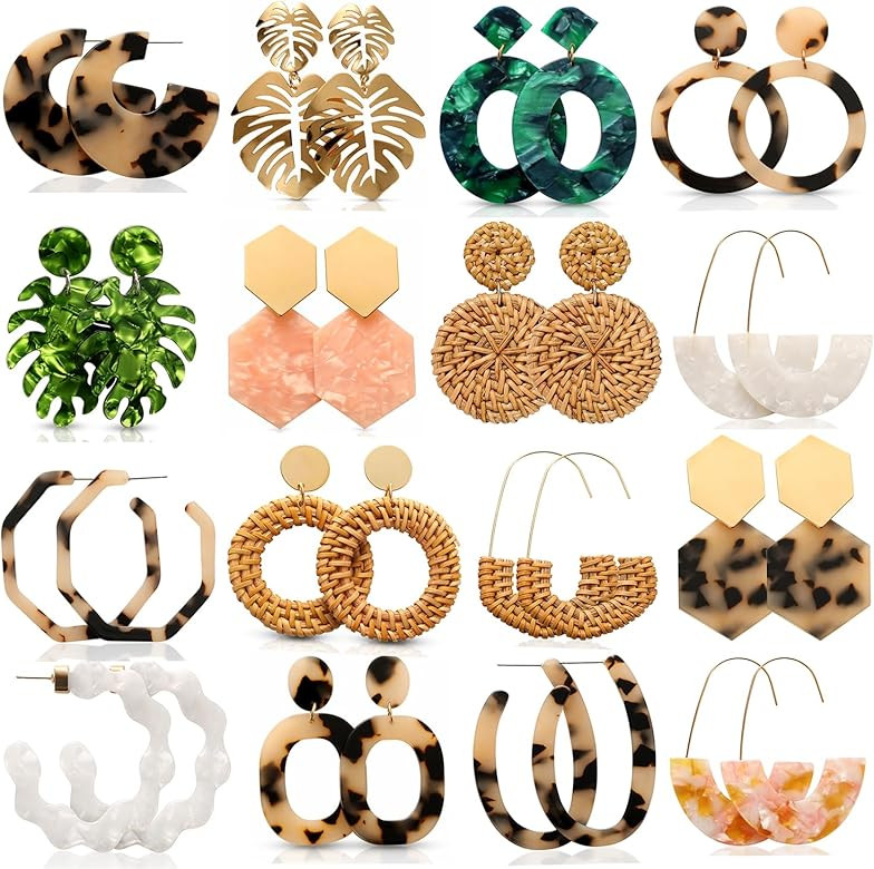 16 Pairs Trendy Acrylic Rattan Earrings for Women-Fashion Statement Earrings Boho Drop Dangle Chr... | Amazon (US)