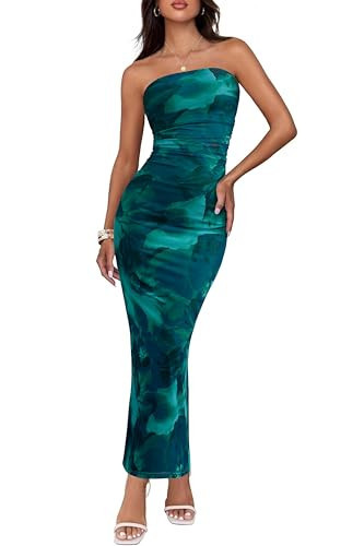 BTFBM Women Summer Strapless Maxi Dress 2026 Bodycon Floral Long Wedding Guest Dress Formal Tube Mesh Cocktail Dresses(Floral Lake Blue, Large) | Amazon (US)