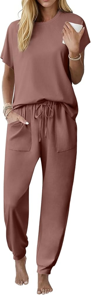 Ekouaer Womens Pajama Sets Short Sleeve Pj Top With Jogger Pants Cotton Pajamas 2 Piece Lounge Se... | Amazon (US)